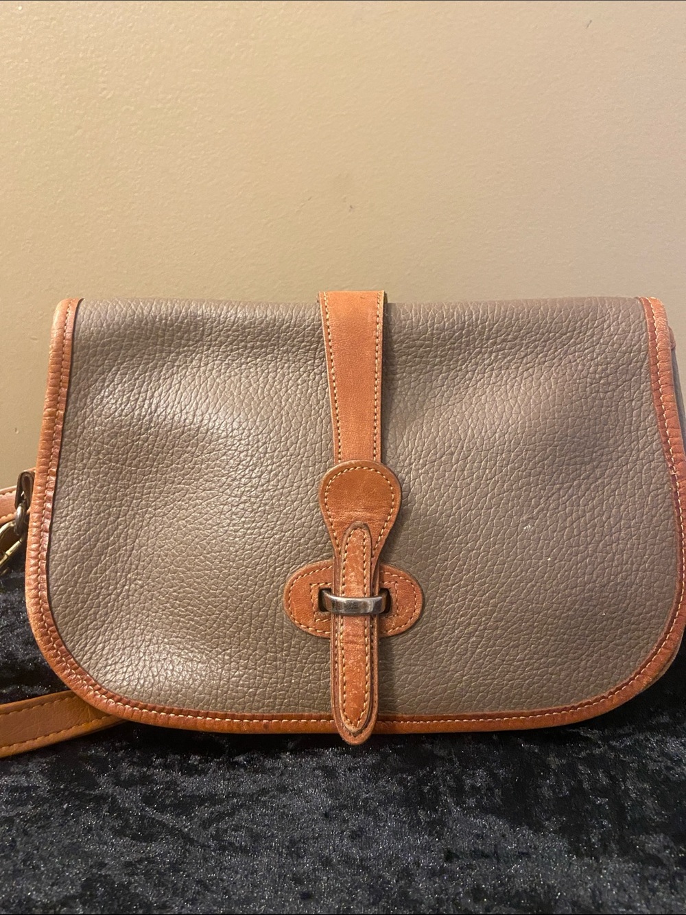 Taupe Leather Crossbody with Tan Trim and Buckle Accent